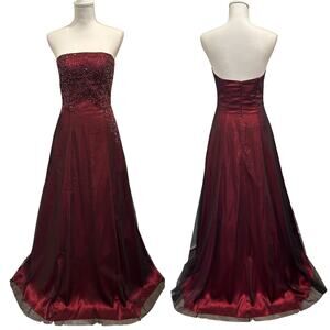Scene Vintage Y2K Strapless Burgundy Beaded Tulle Ball Gown Whimsigoth Witchy